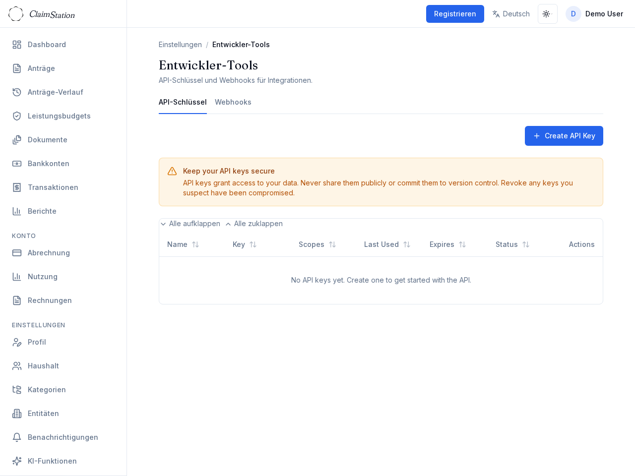 ClaimStation Settings Dev Tools API Keys
